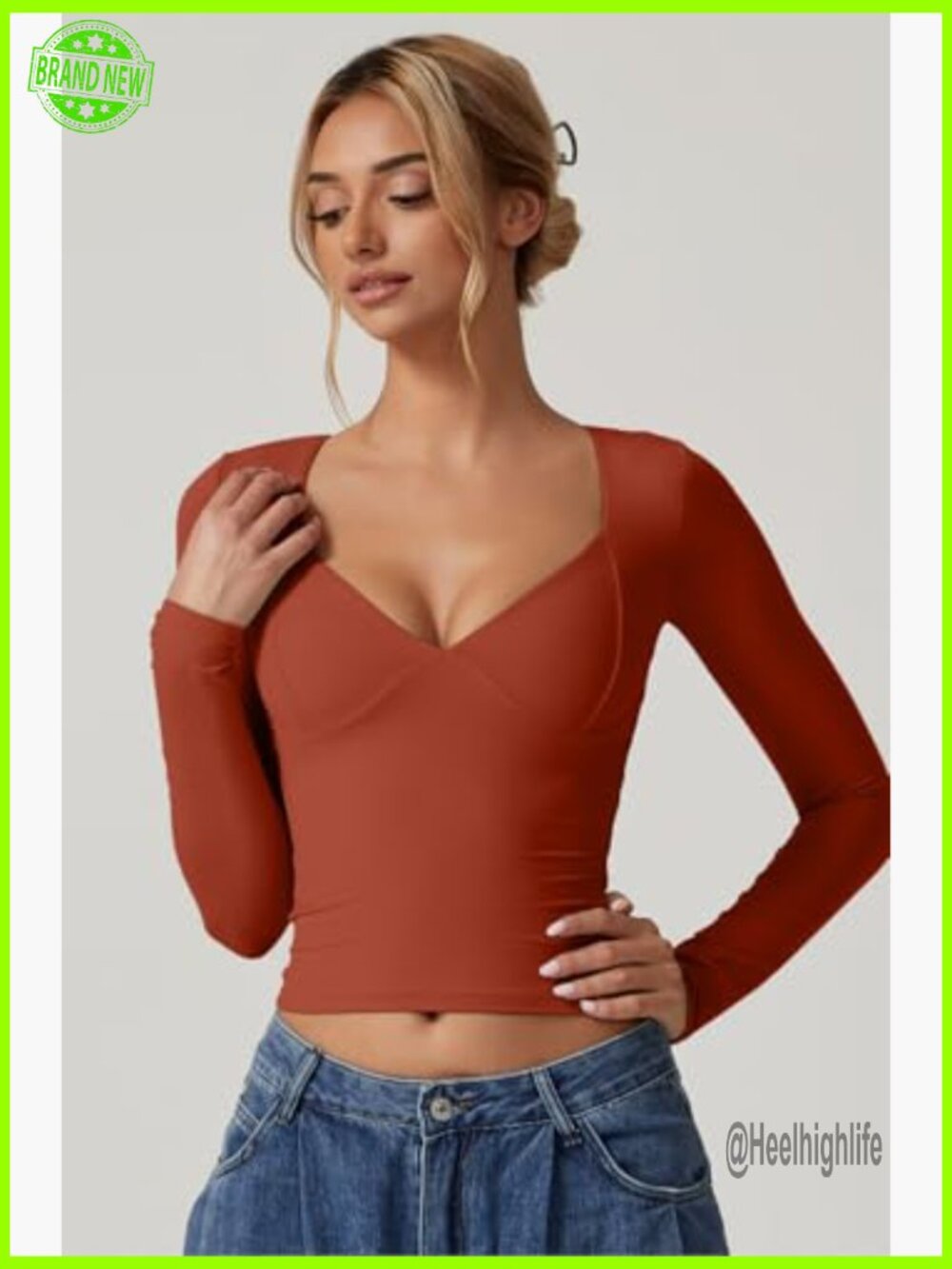 Double Lined Seamed Cup Cropped Long Sleeve V-Neck T-Shirt - Picture 3 of 7